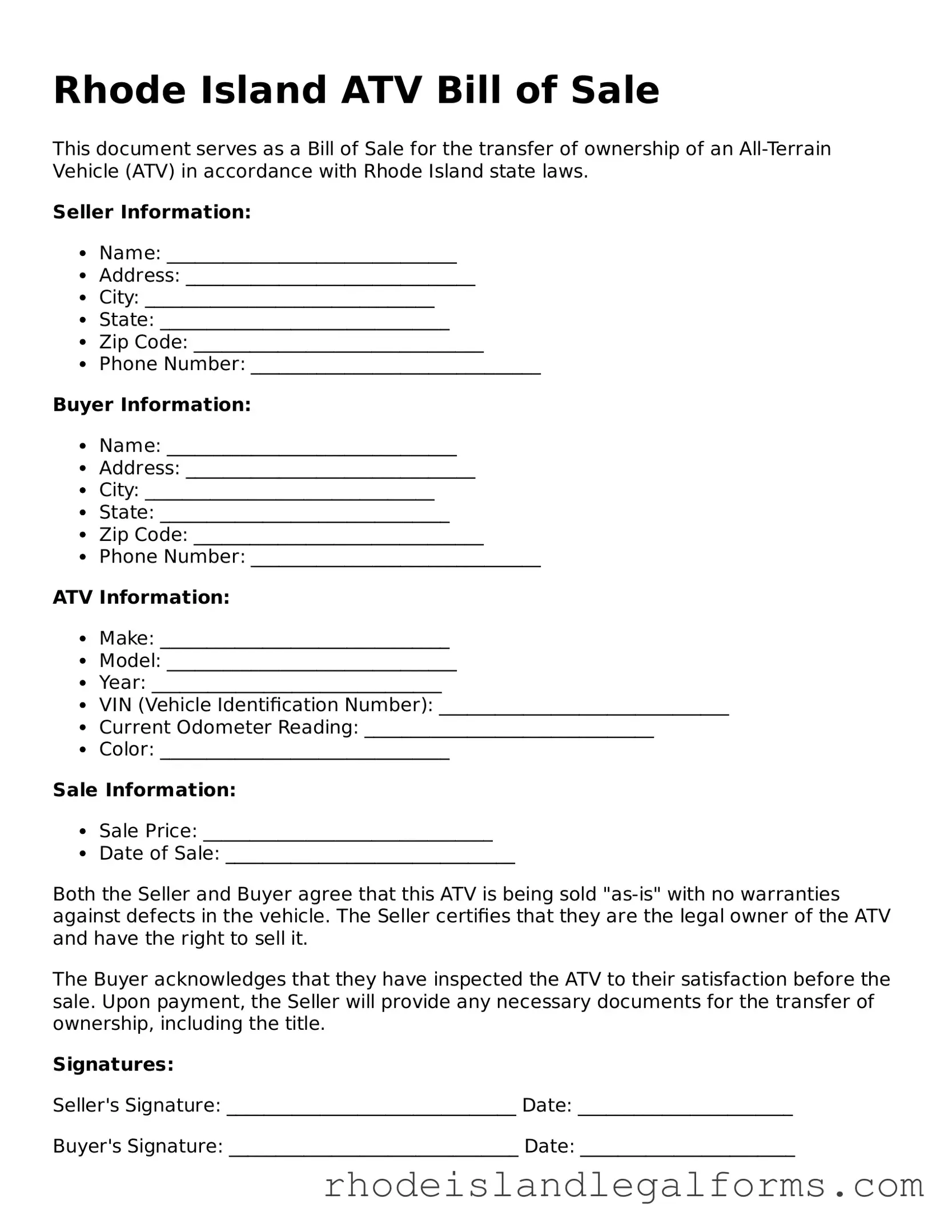 ATV Bill of Sale Form for Rhode Island State