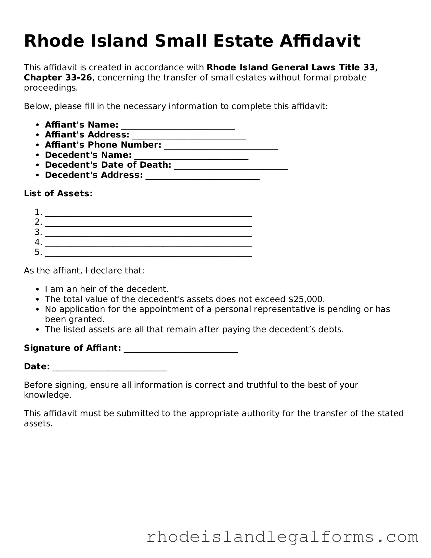 Small Estate Affidavit Form for Rhode Island State