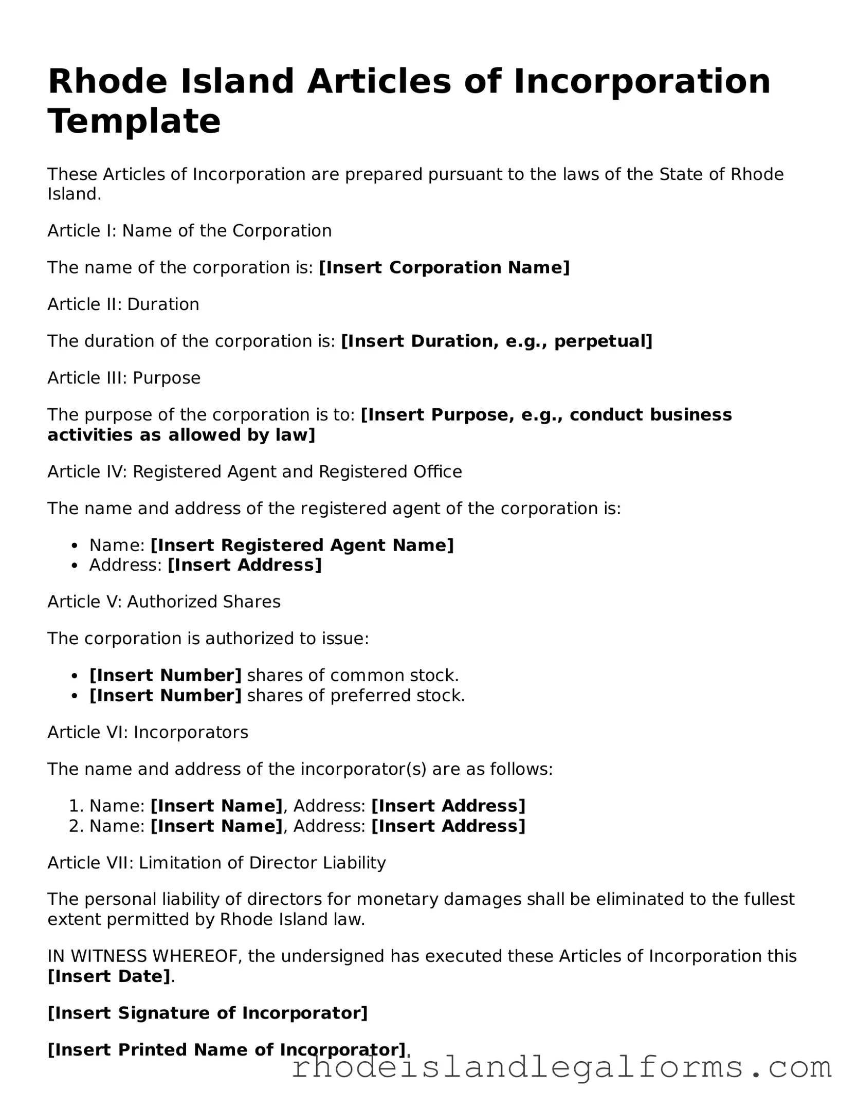 Articles of Incorporation Form for Rhode Island State