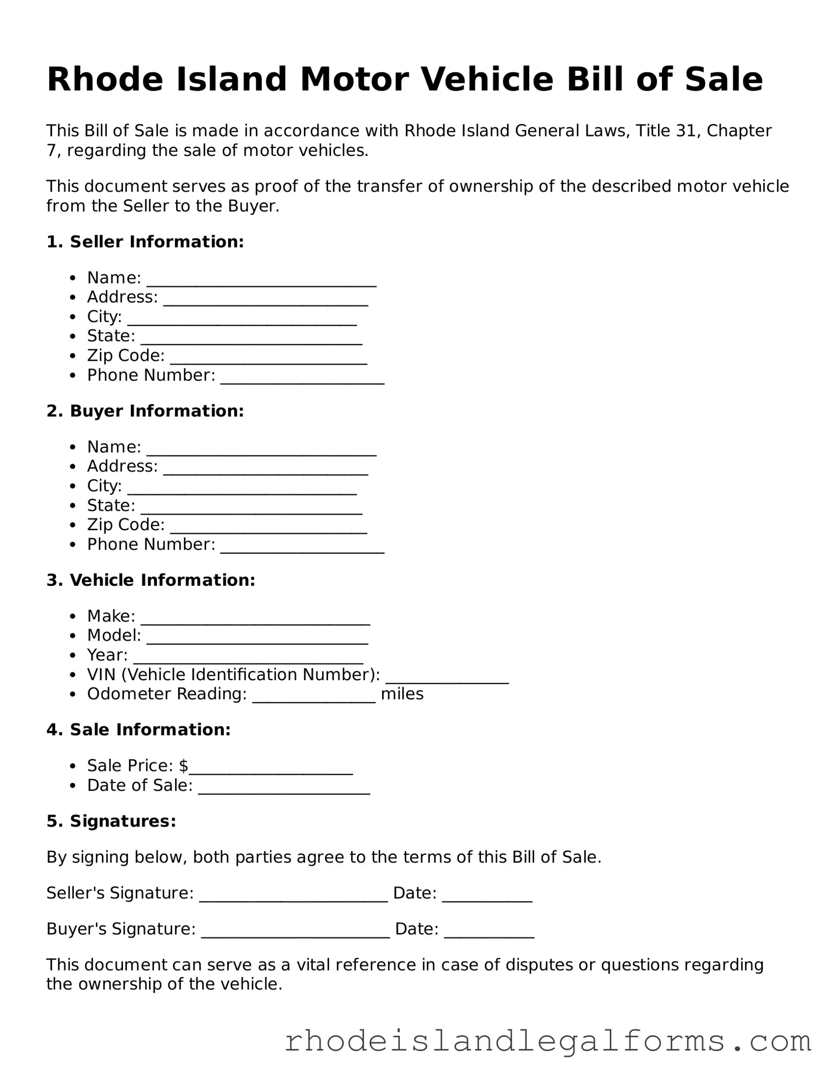 Motor Vehicle Bill of Sale Form for Rhode Island State