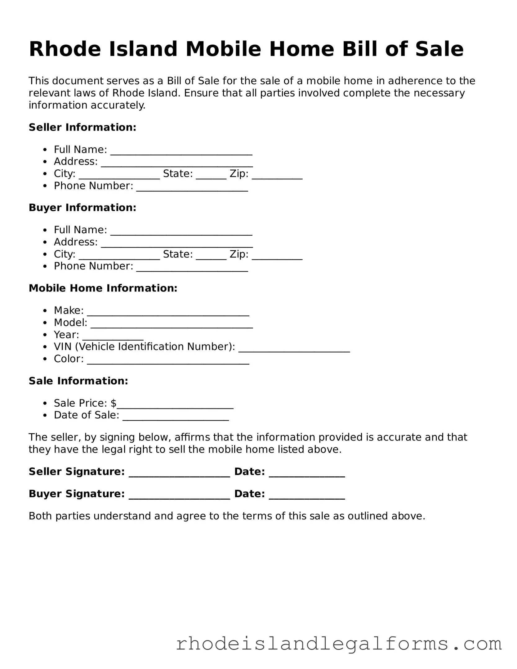 Mobile Home Bill of Sale Form for Rhode Island State