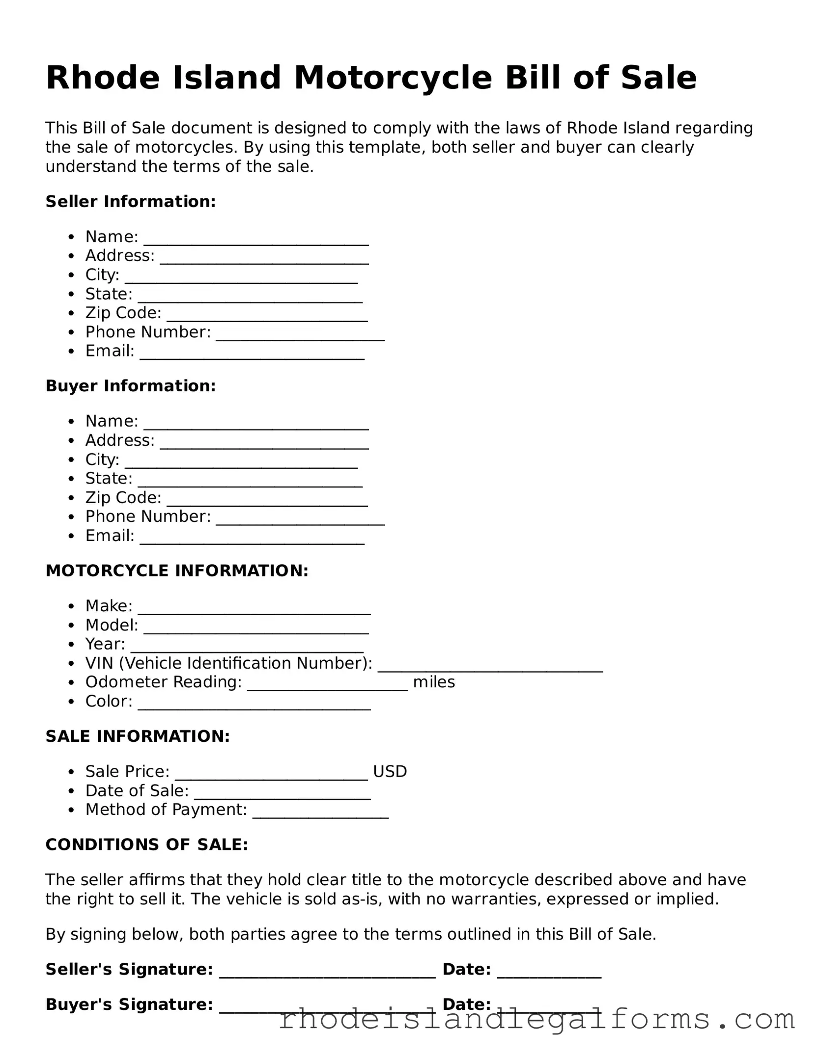 Motorcycle Bill of Sale Form for Rhode Island State