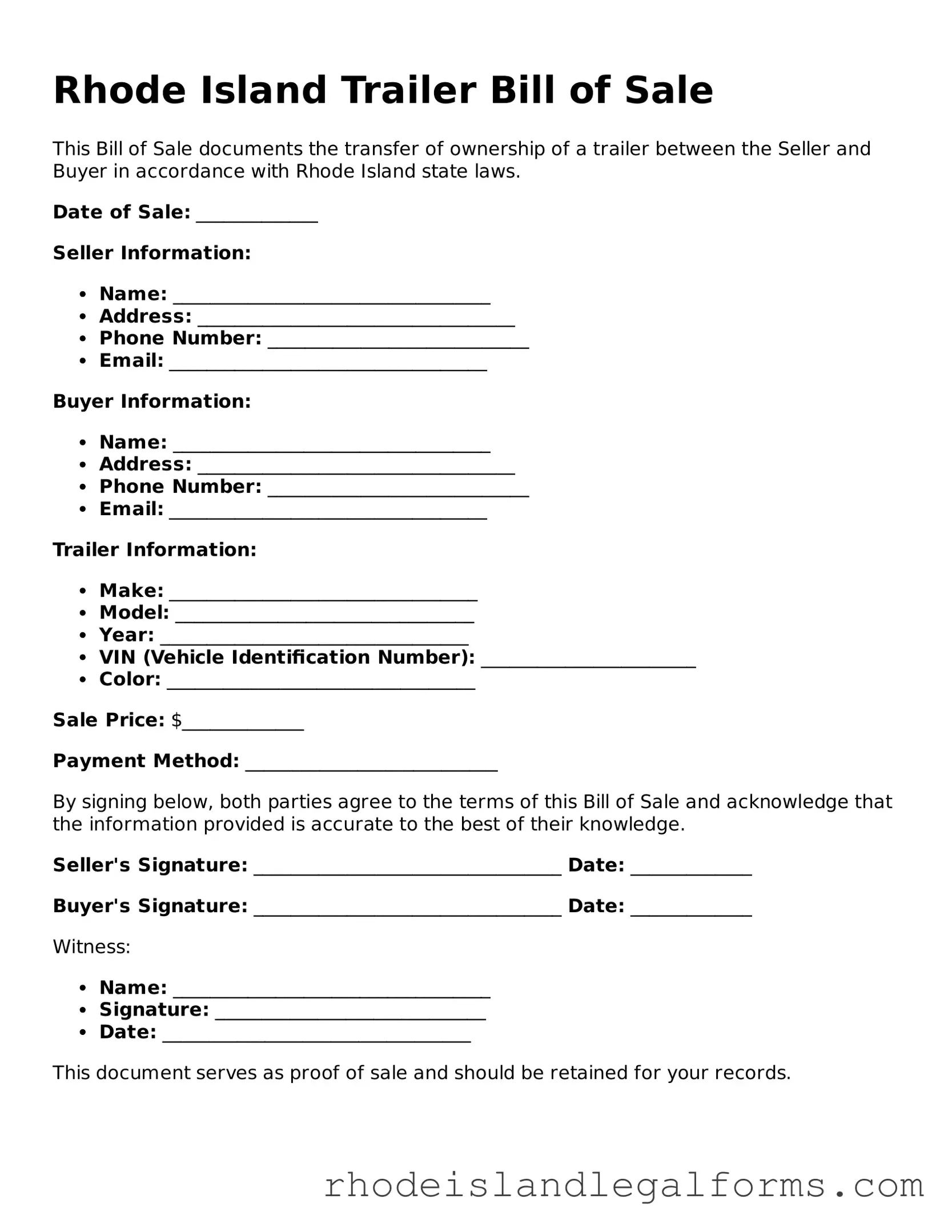 Trailer Bill of Sale Form for Rhode Island State