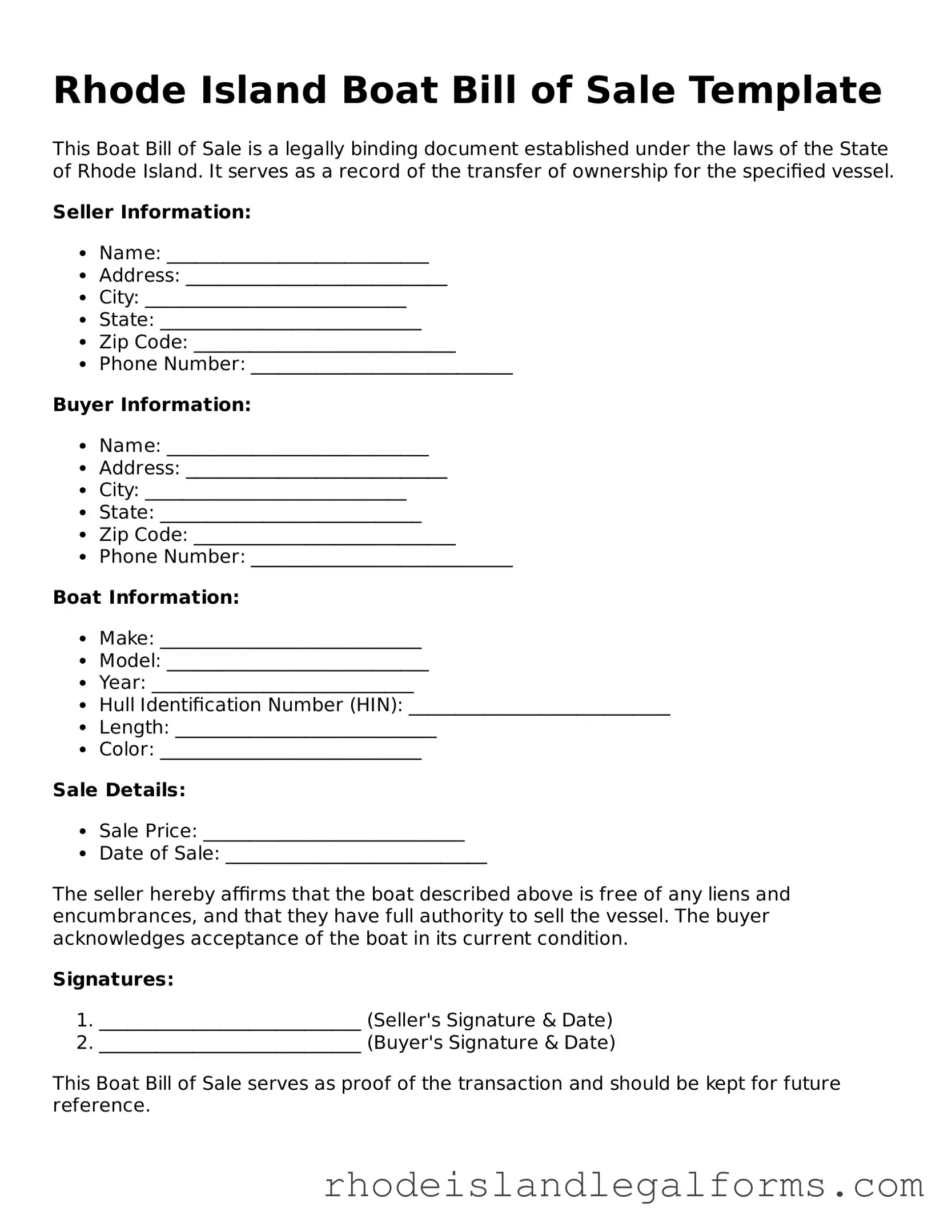 Boat Bill of Sale Form for Rhode Island State