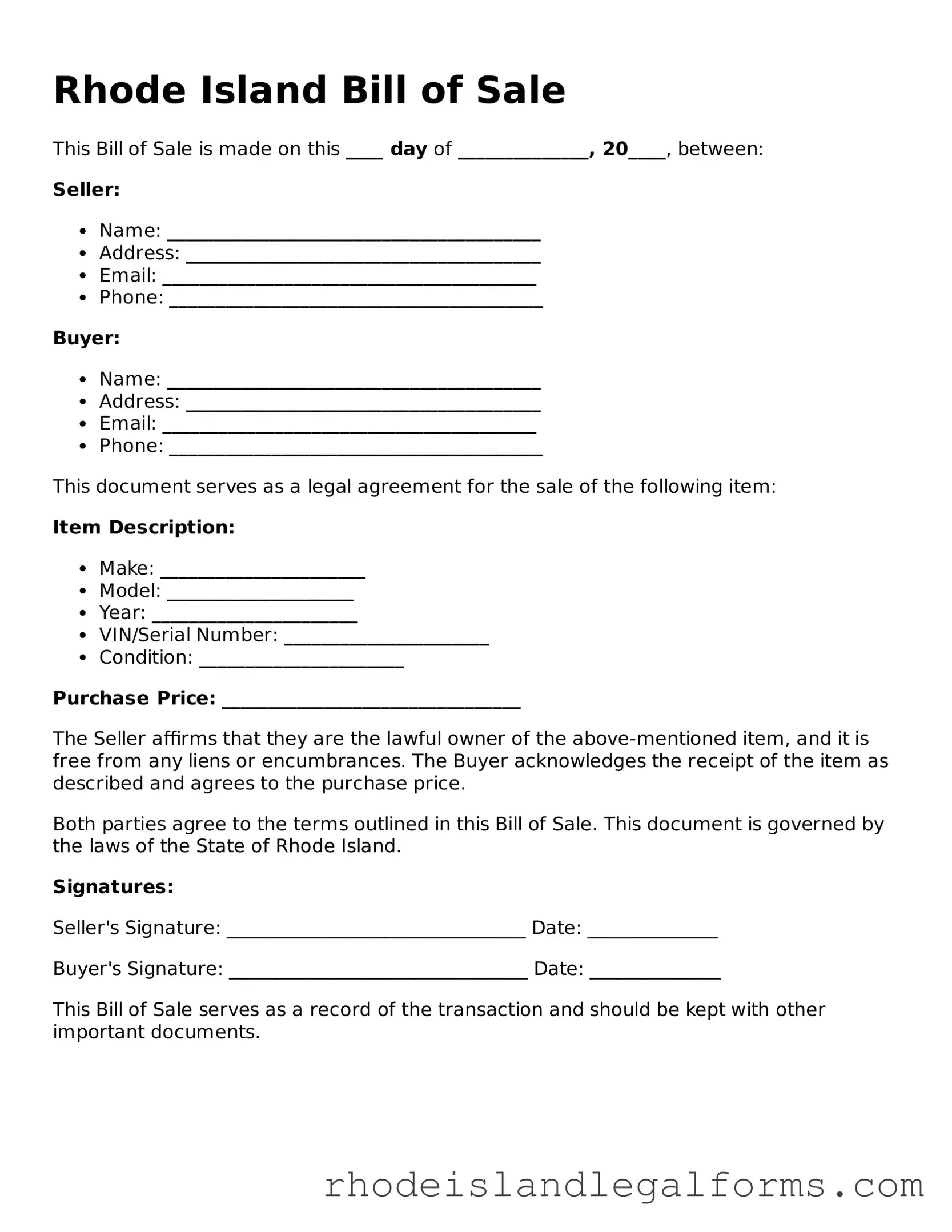 Bill of Sale Form for Rhode Island State