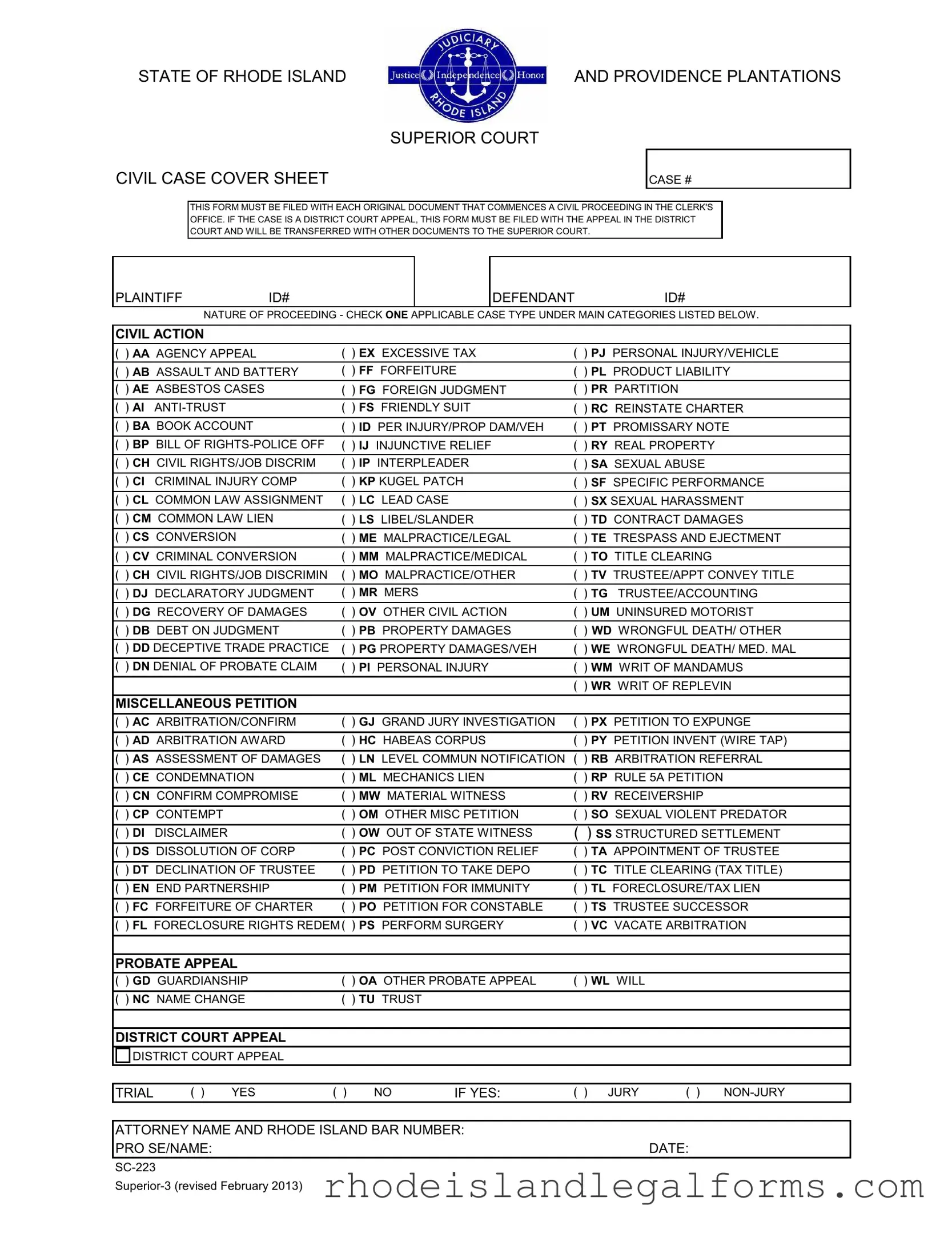 Free Rhode Island Civil Case Cover Sheet Form