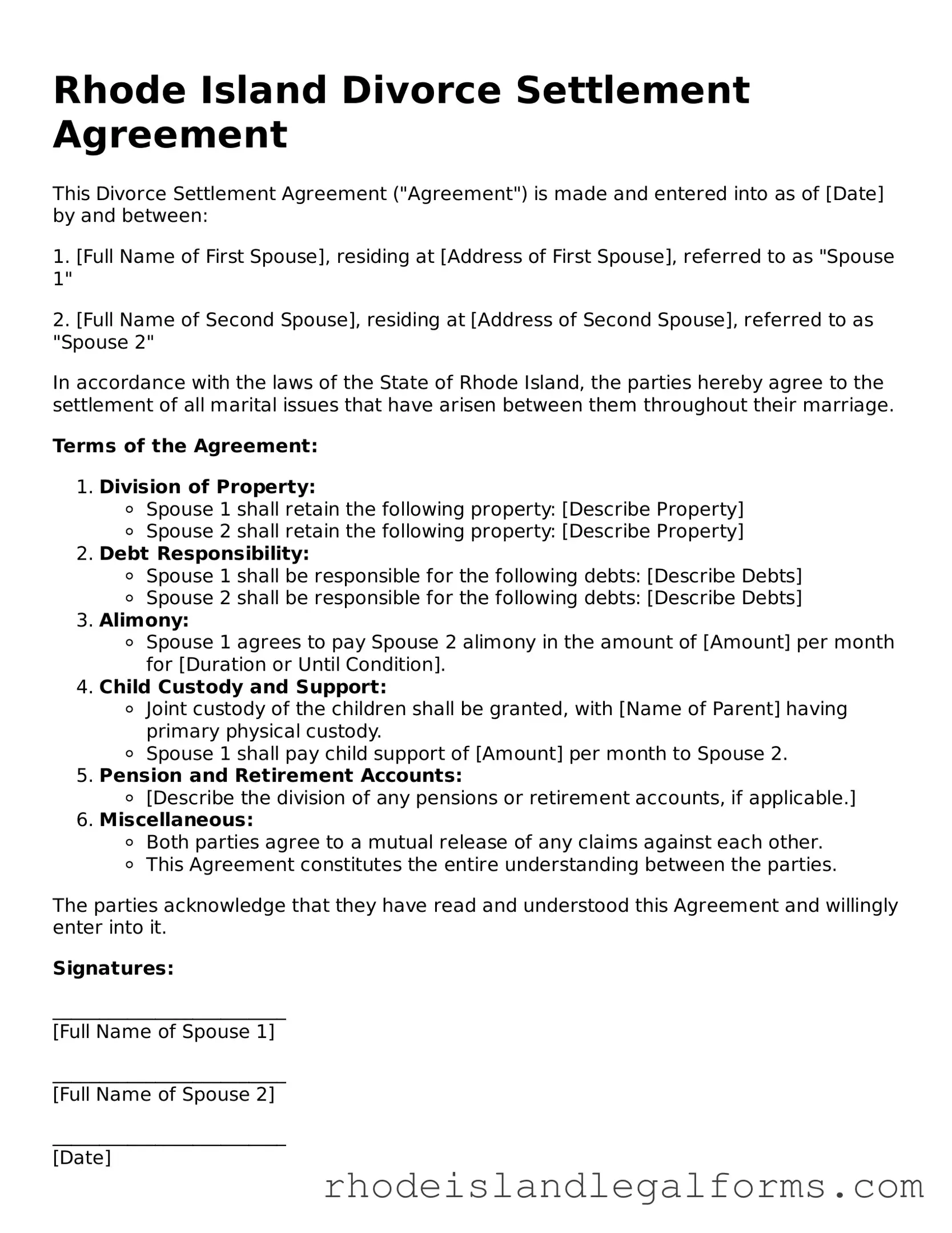 Divorce Settlement Agreement Form for Rhode Island State
