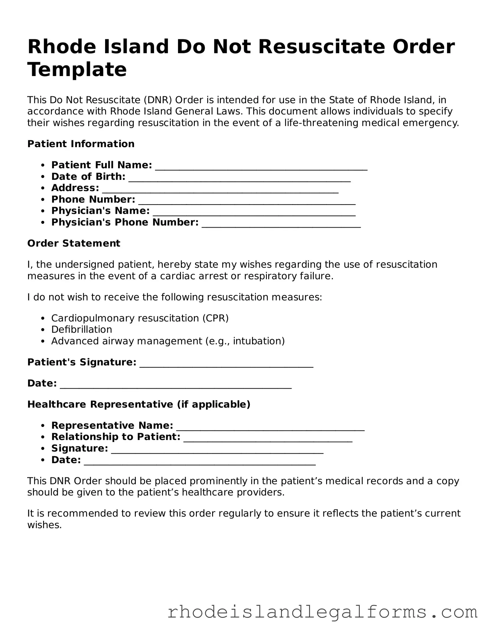 Do Not Resuscitate Order Form for Rhode Island State