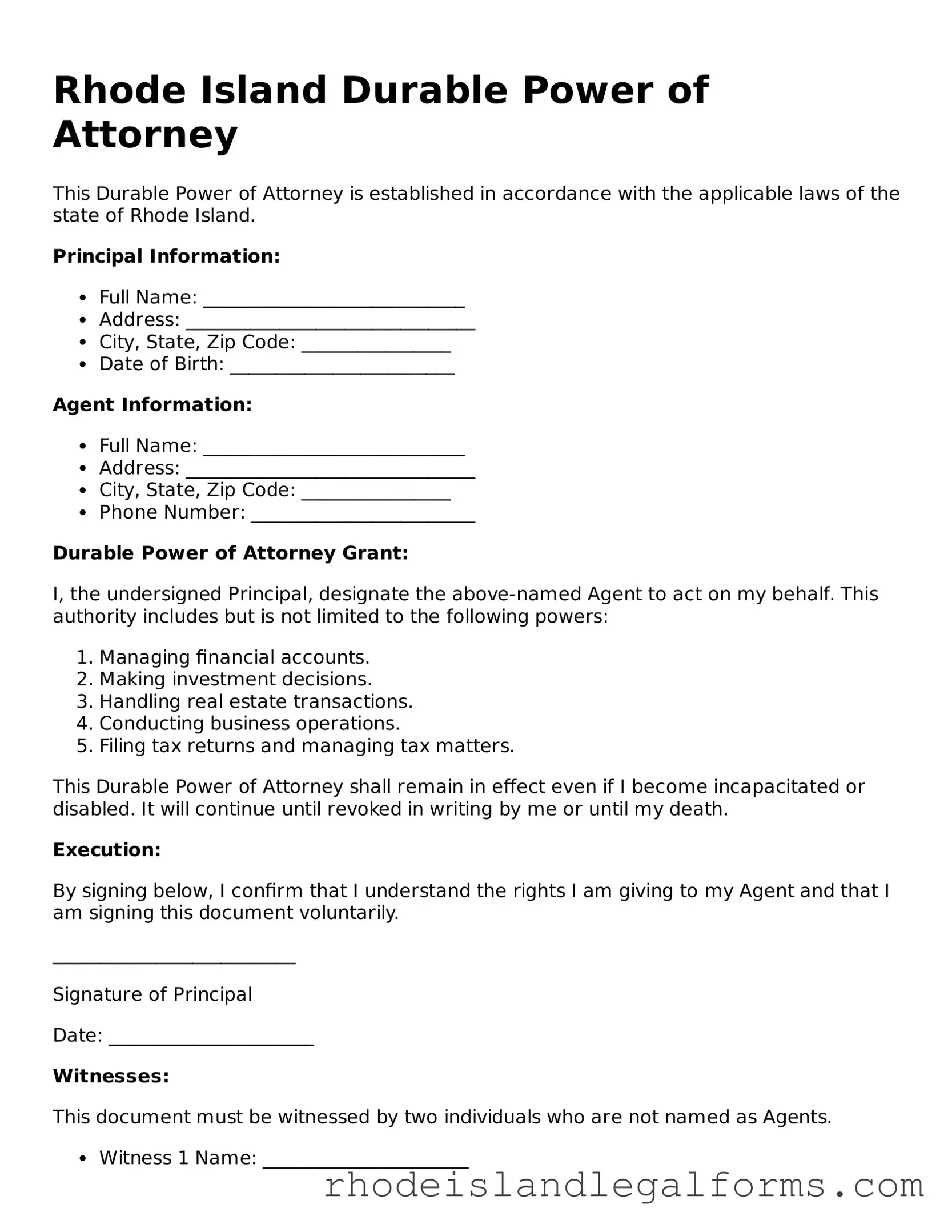 Durable Power of Attorney Form for Rhode Island State
