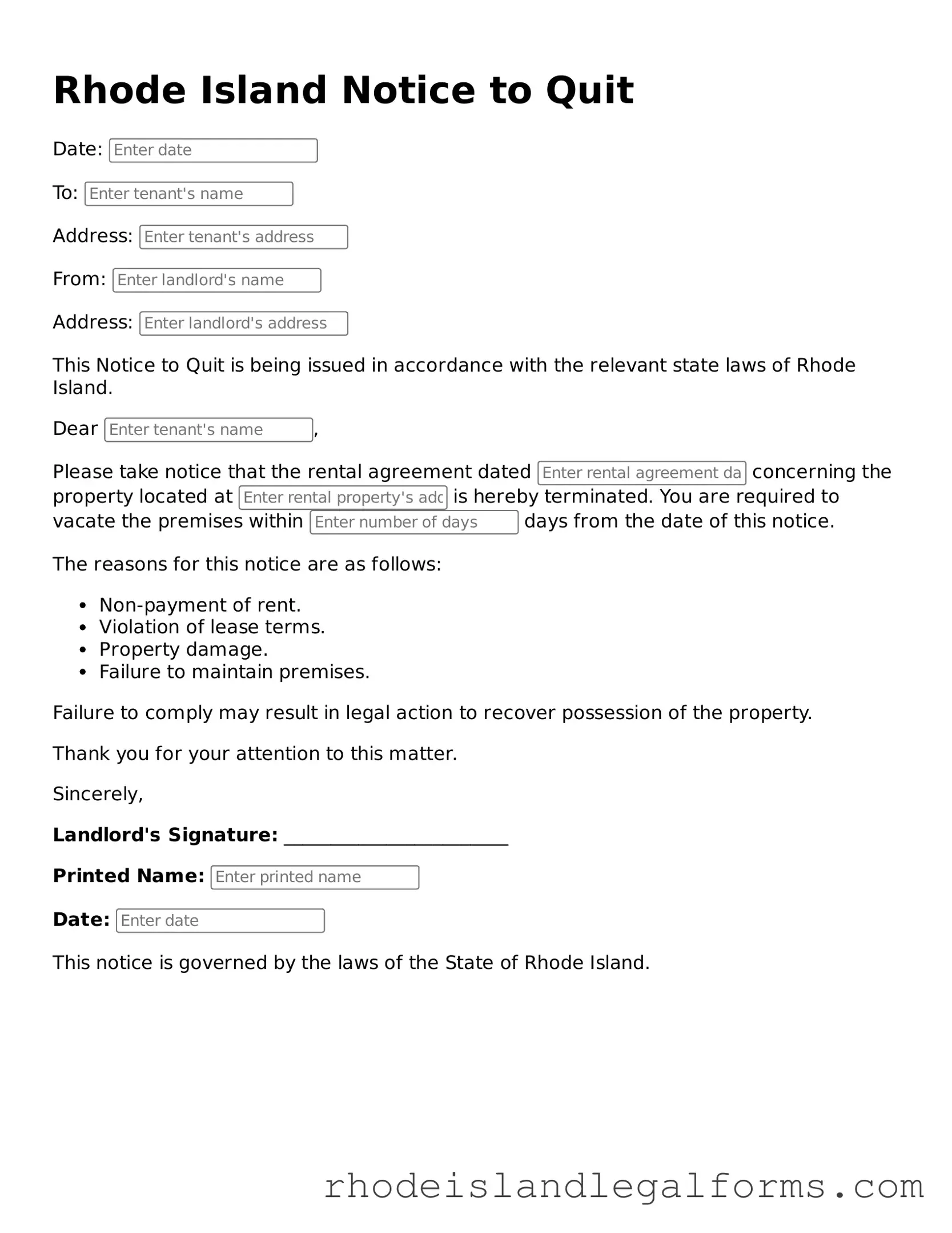 Notice to Quit Form for Rhode Island State