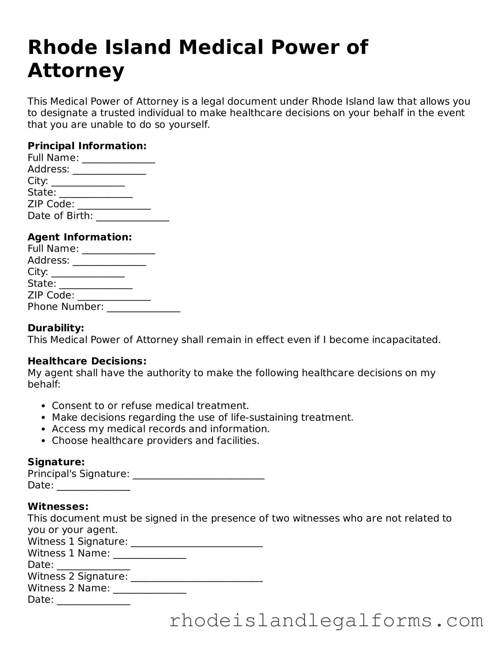 Medical Power of Attorney Form for Rhode Island State