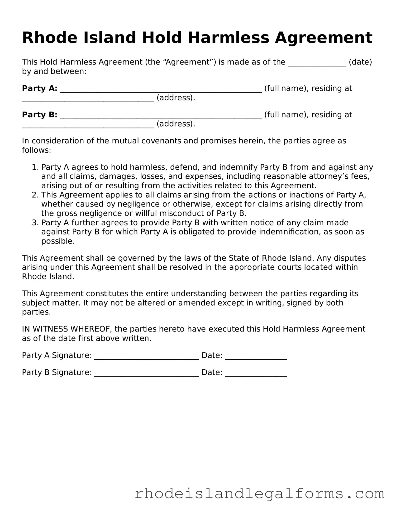 Hold Harmless Agreement Form for Rhode Island State