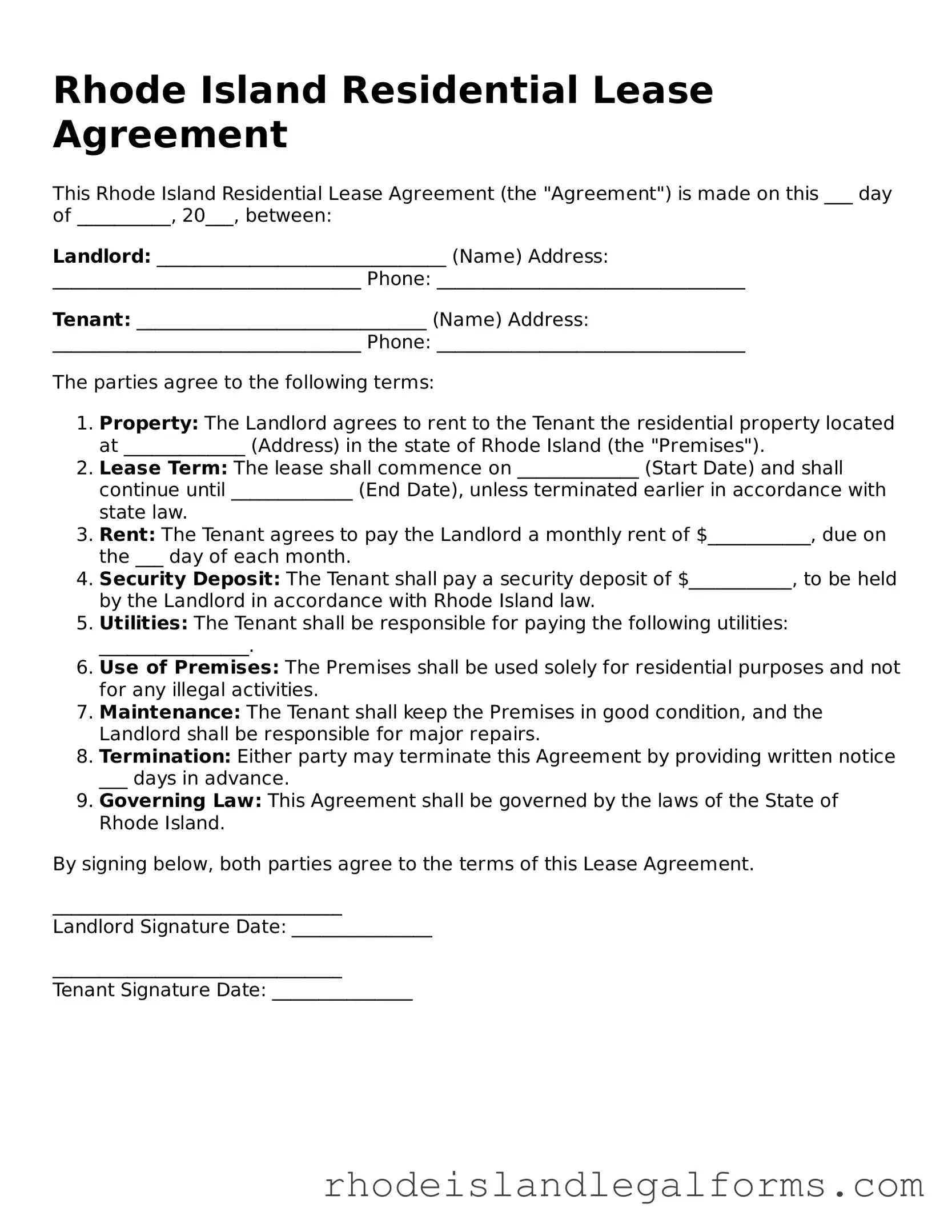 Residential Lease Agreement Form for Rhode Island State