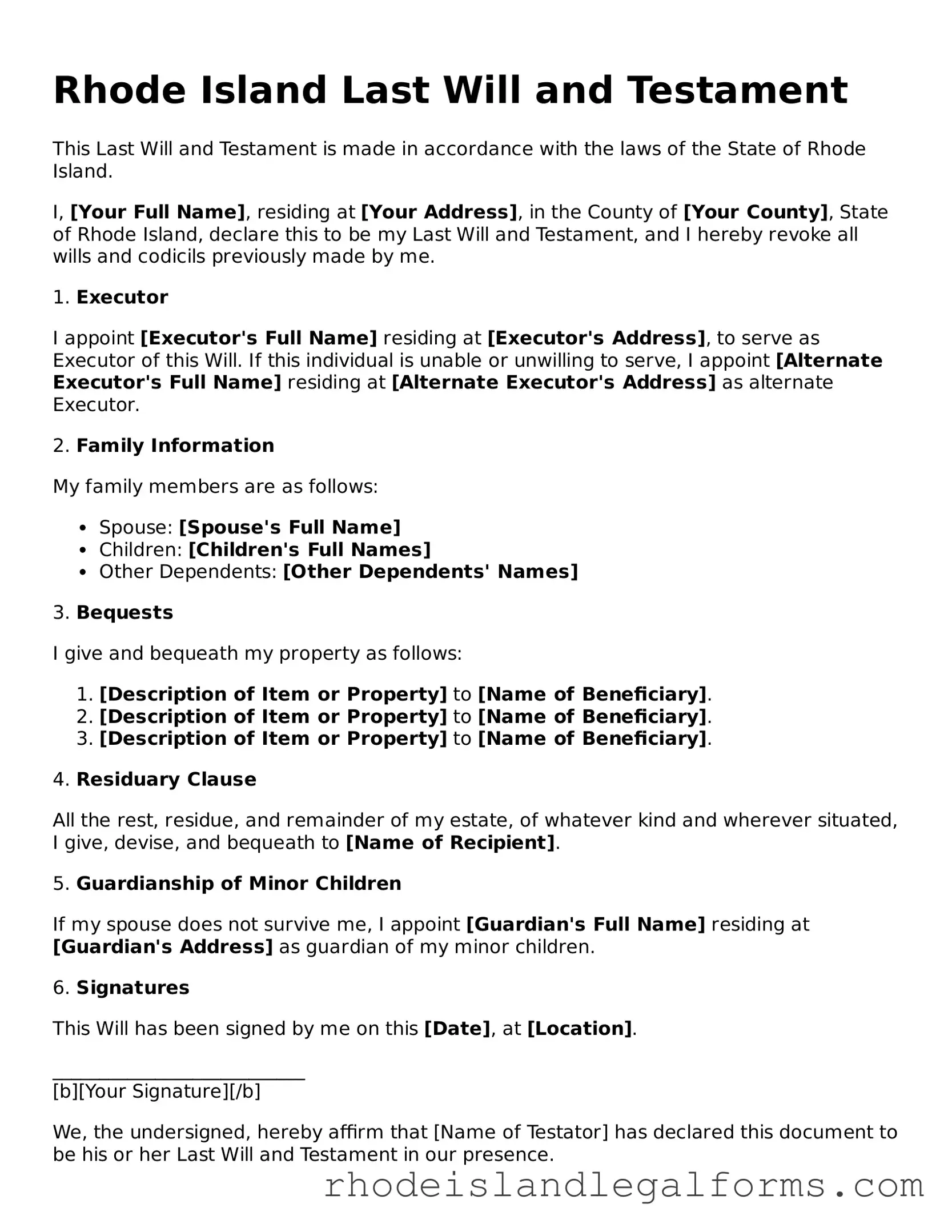 Last Will and Testament Form for Rhode Island State