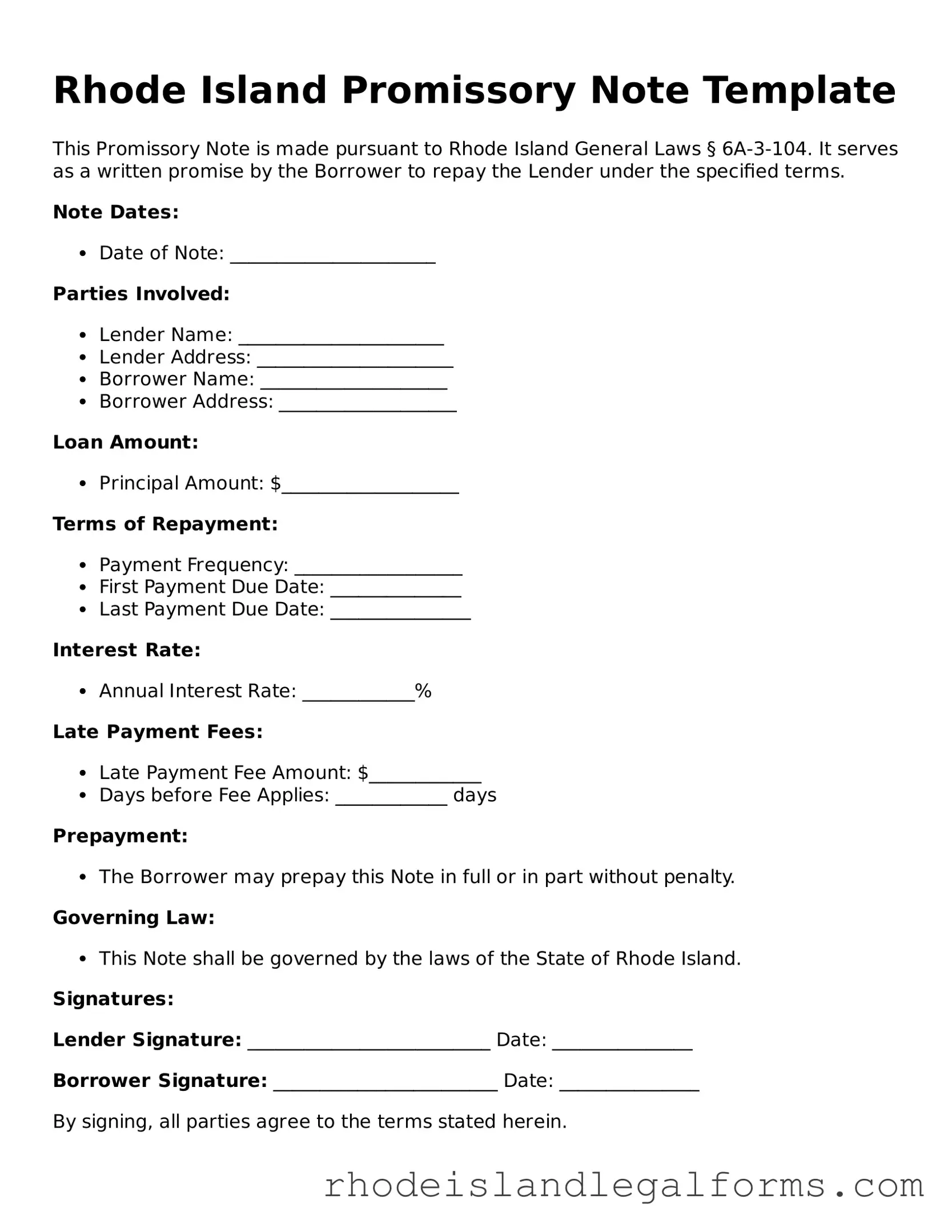 Promissory Note Form for Rhode Island State