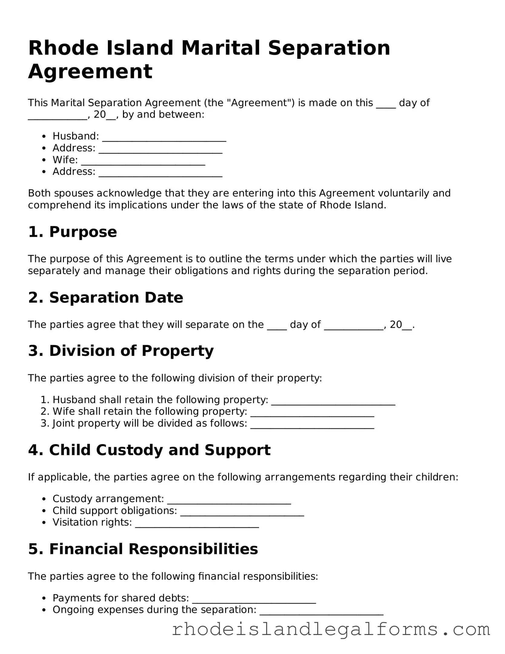 Marital Separation Agreement Form for Rhode Island State