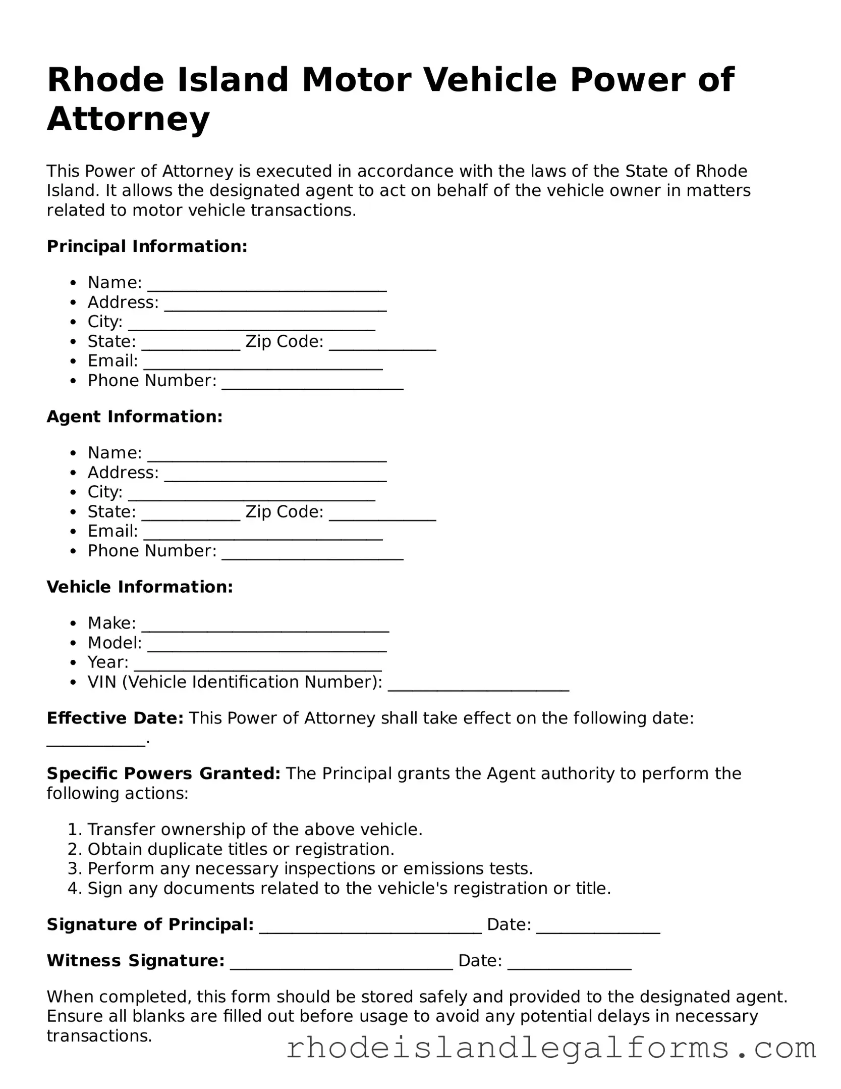 Motor Vehicle Power of Attorney Form for Rhode Island State