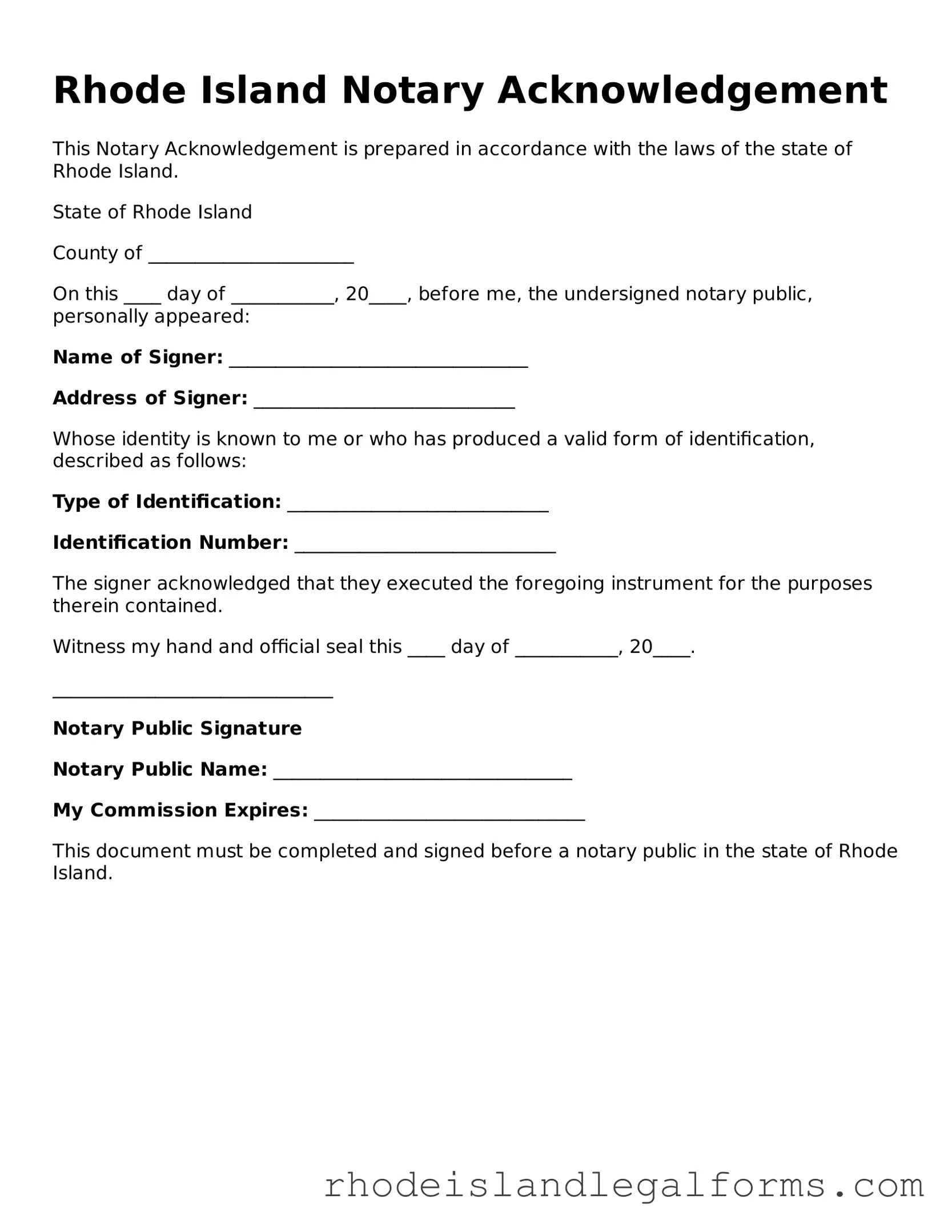 Notary Acknowledgement Form for Rhode Island State