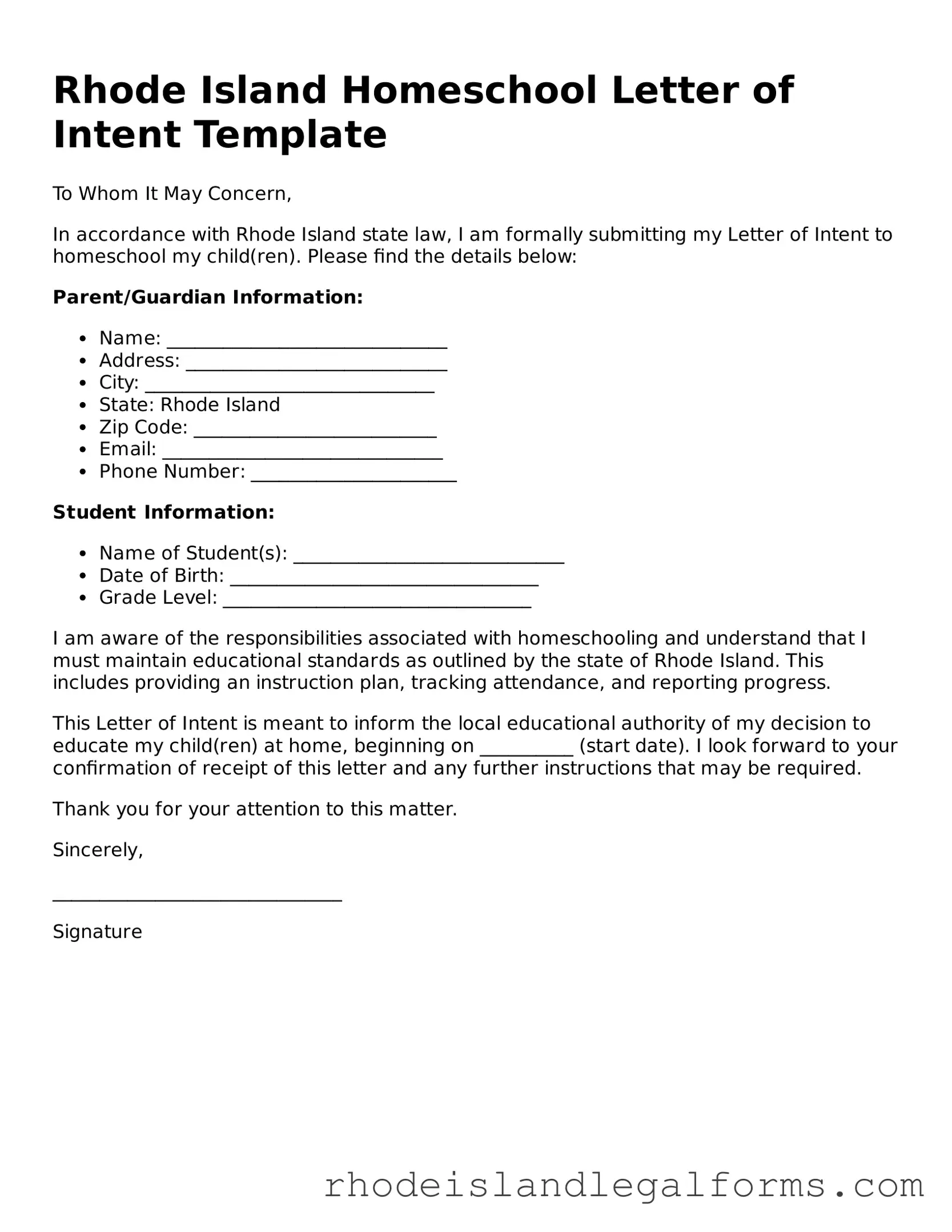 Homeschool Letter of Intent Form for Rhode Island State