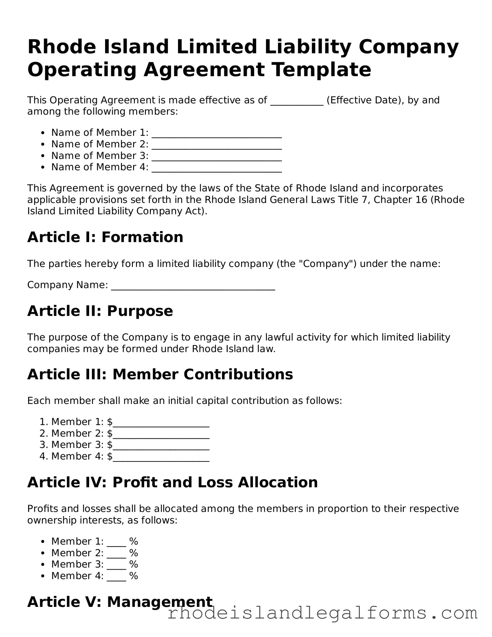 Operating Agreement Form for Rhode Island State