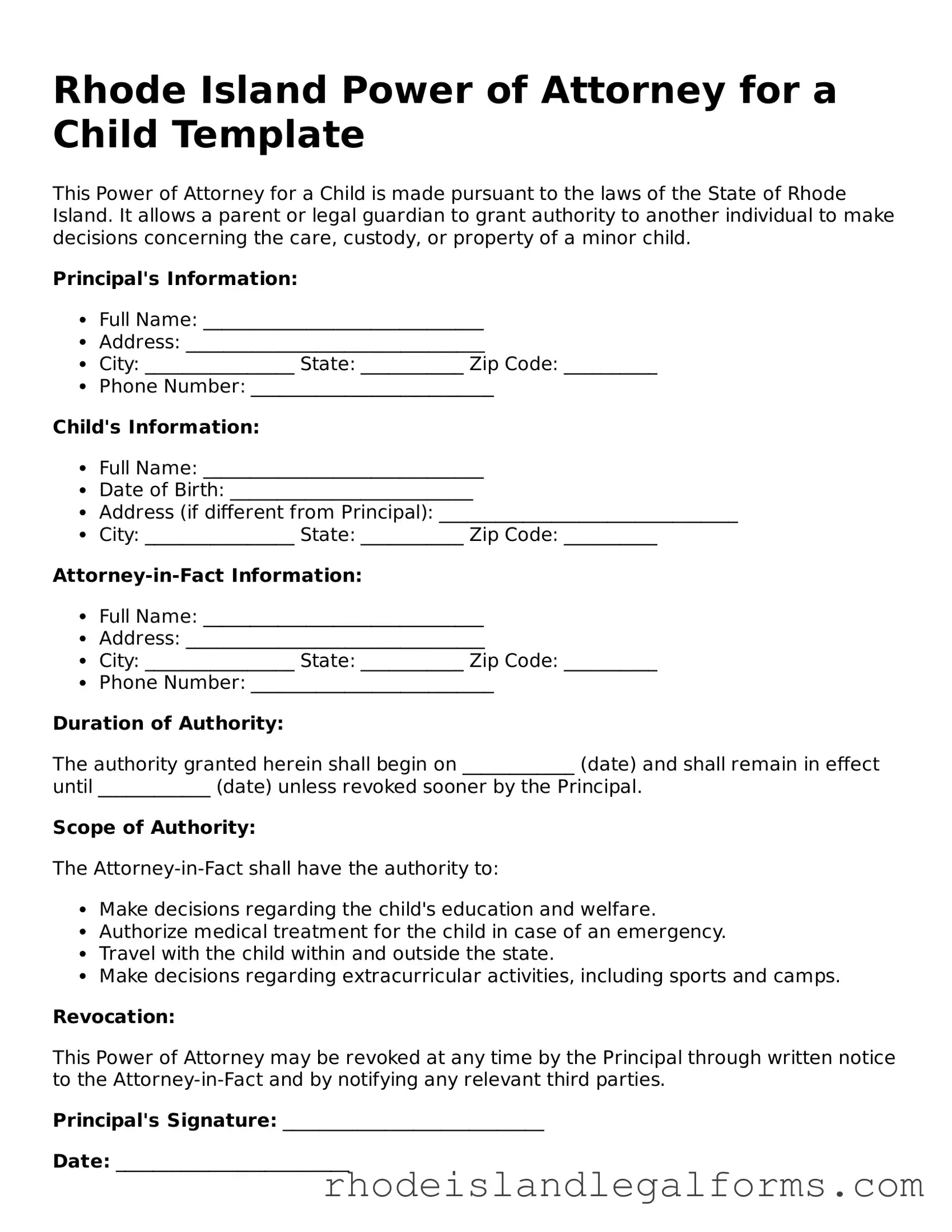 Power of Attorney for a Child Form for Rhode Island State