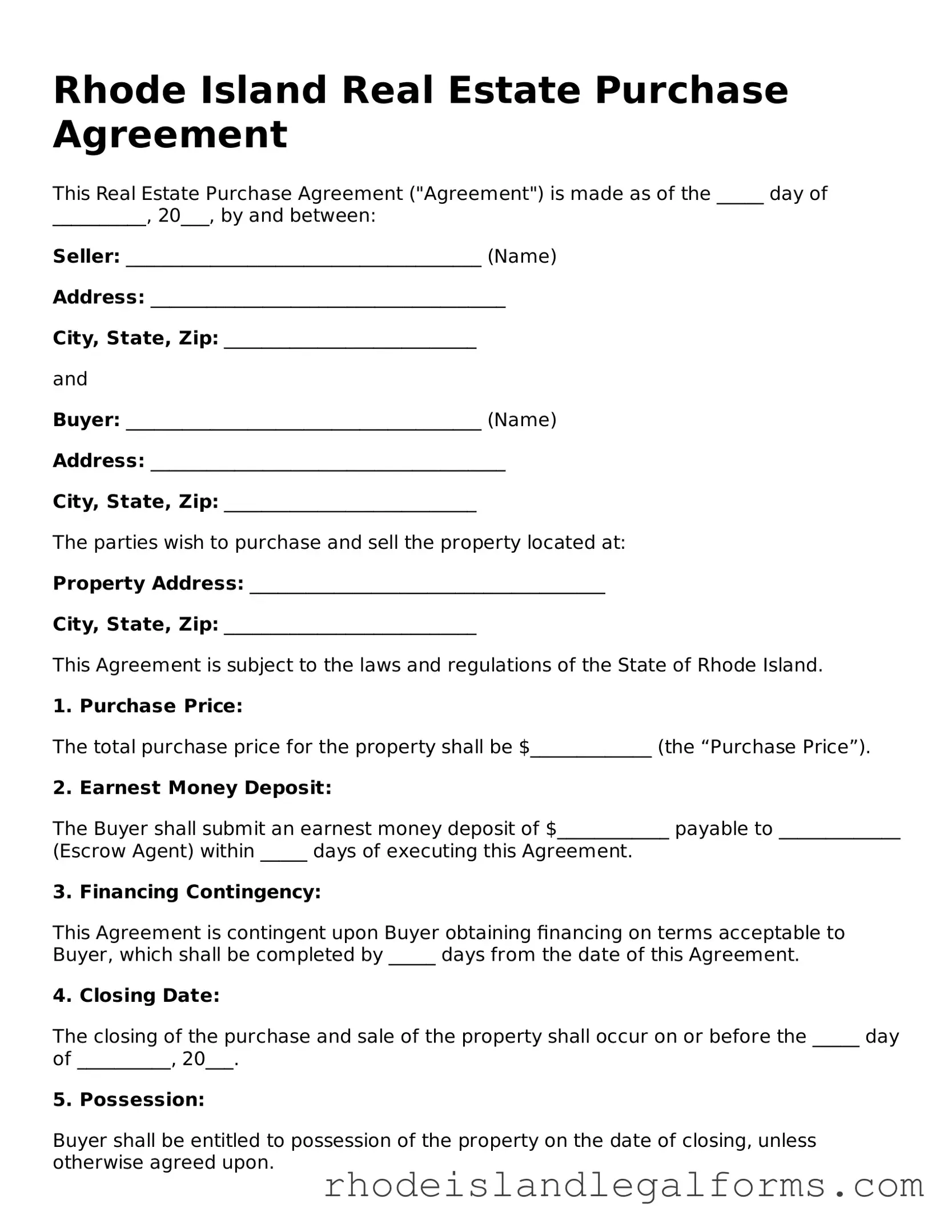 Real Estate Purchase Agreement Form for Rhode Island State