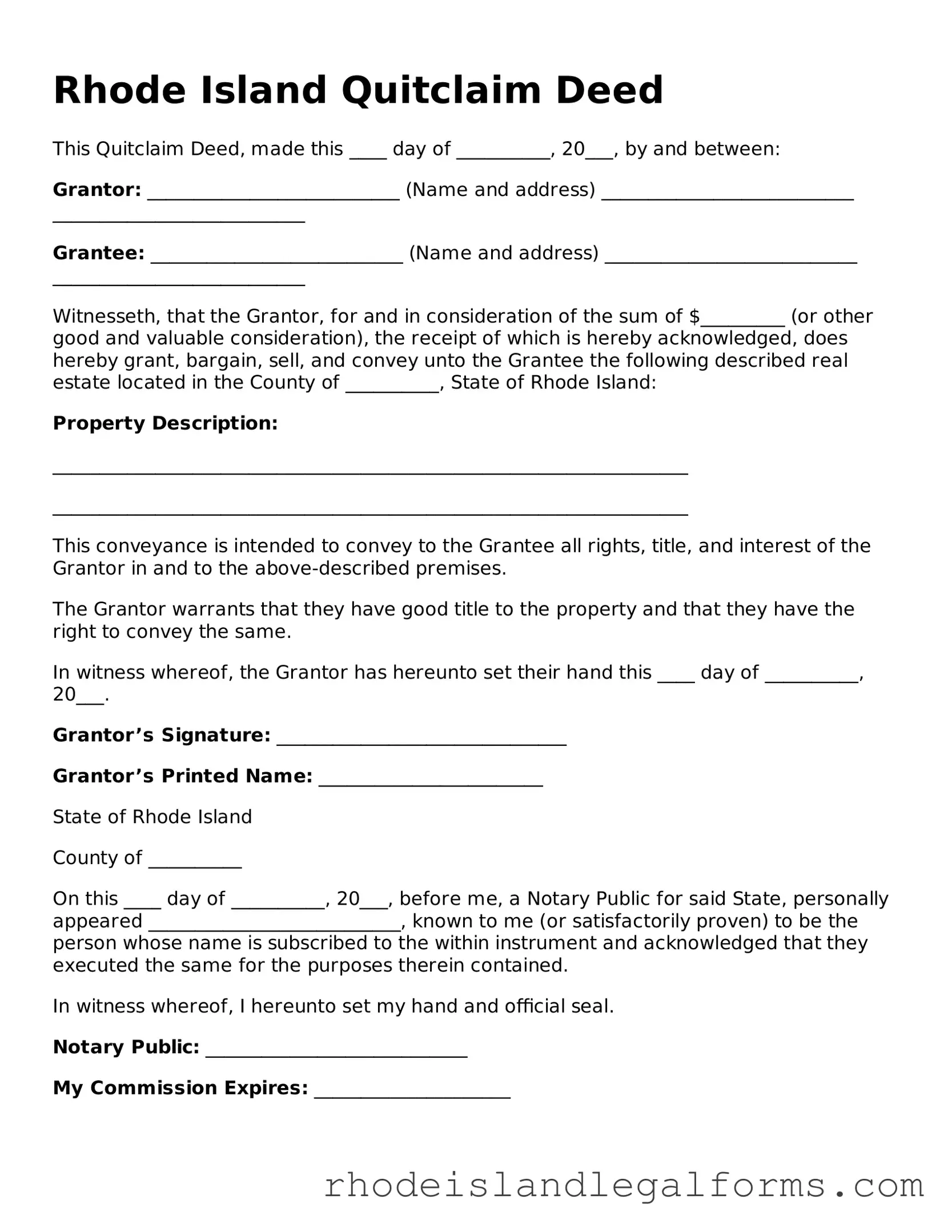 Quitclaim Deed Form for Rhode Island State