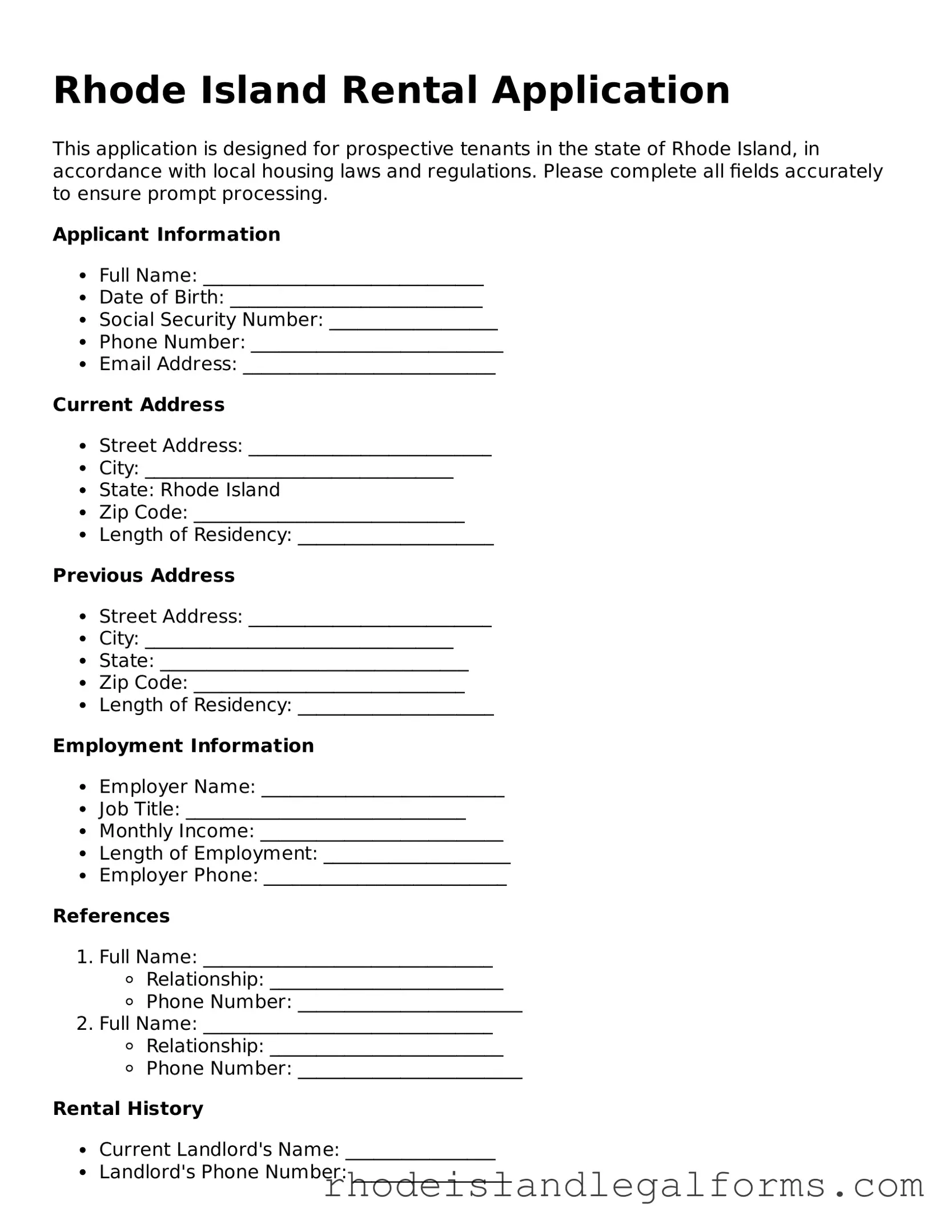 Rental Application Form for Rhode Island State