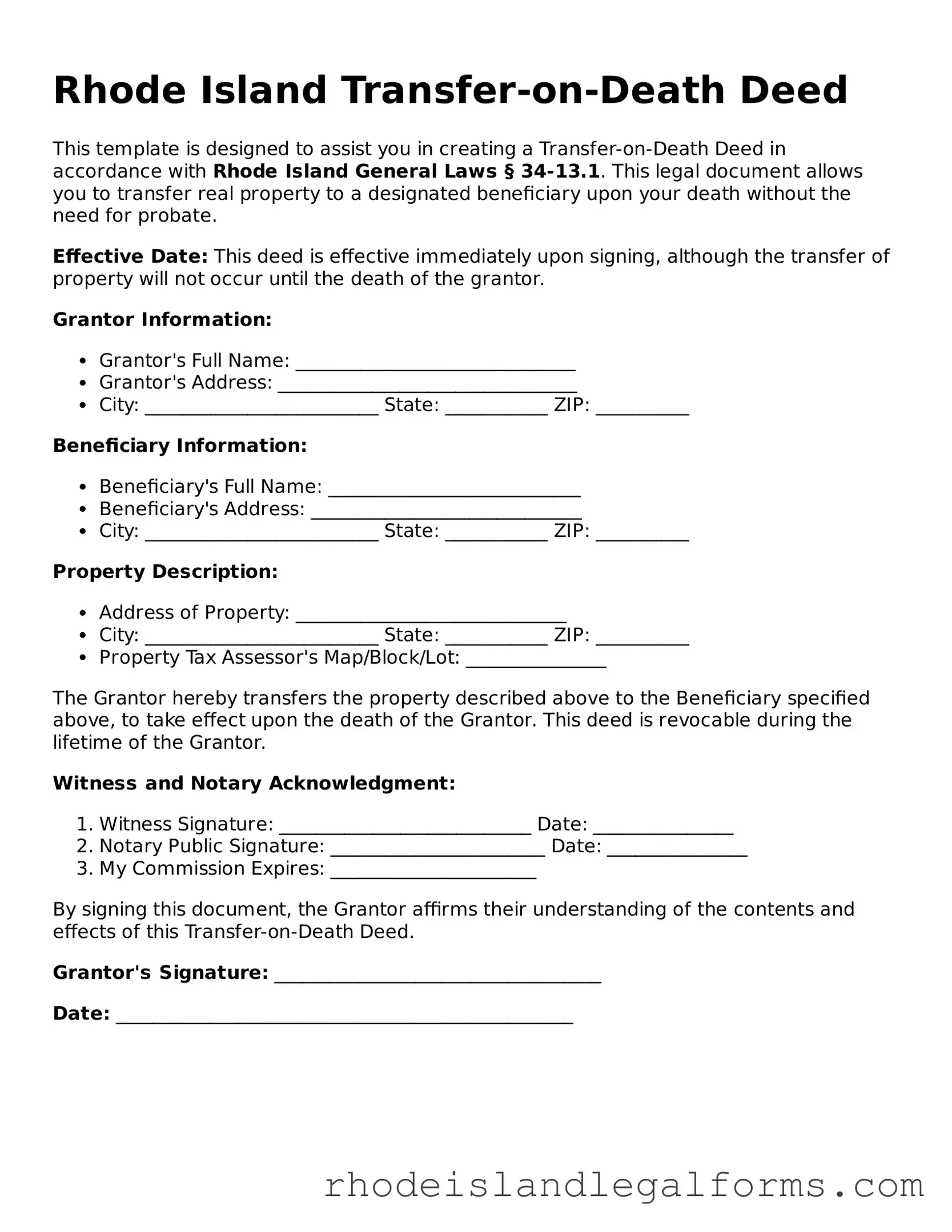 Transfer-on-Death Deed Form for Rhode Island State