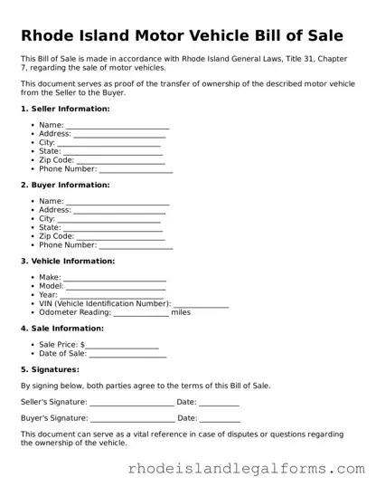 Motor Vehicle Bill of Sale Form for Rhode Island State