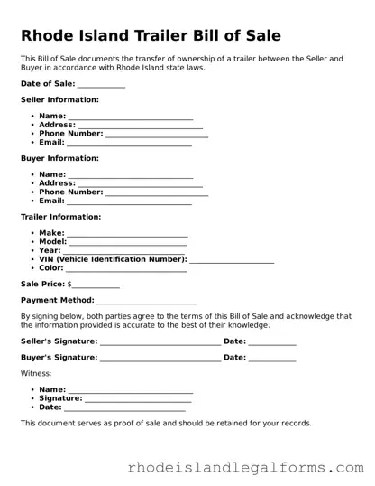 Trailer Bill of Sale Form for Rhode Island State