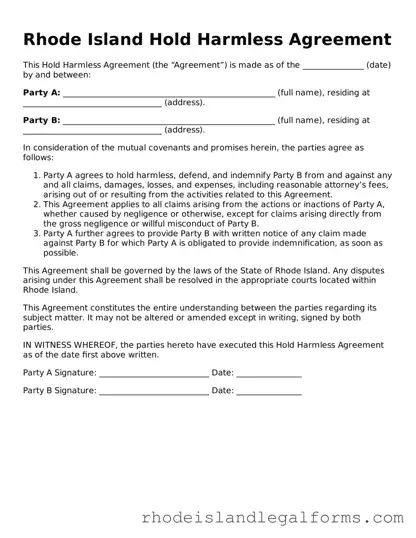 Hold Harmless Agreement Form for Rhode Island State