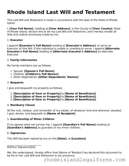 Last Will and Testament Form for Rhode Island State