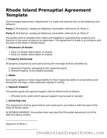 Prenuptial Agreement Form for Rhode Island State